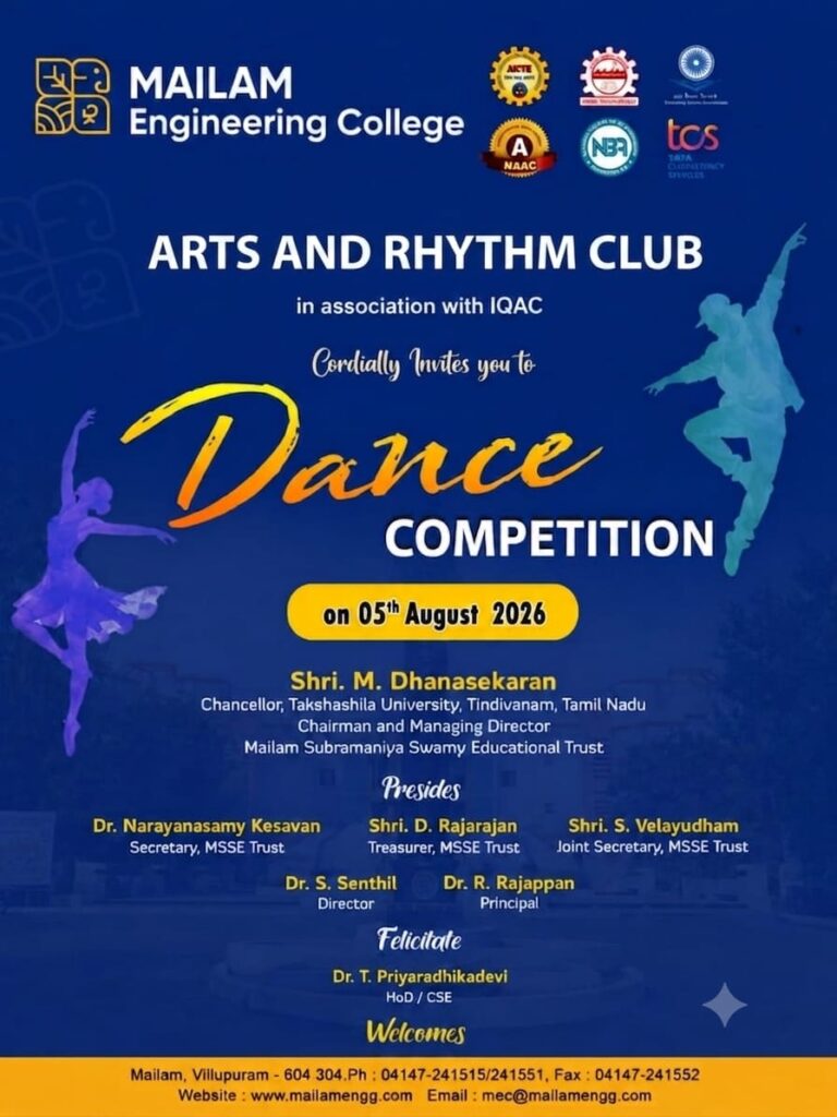 Invitation for the Arts and Rhythm Club dance competition in association with IQAC at Mailam Engineering College, 5 August 2026
