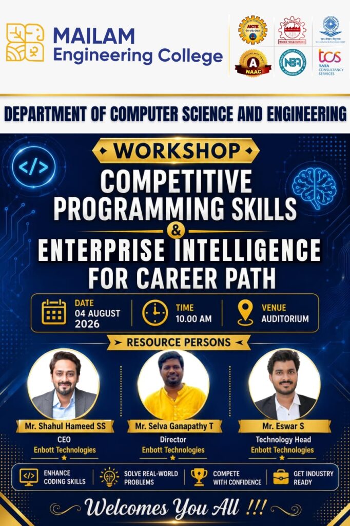 Brochure for the Competitive Programming Skills & Enterprise Intelligence workshop with resource persons from Enbott Technologies, MEC CSE