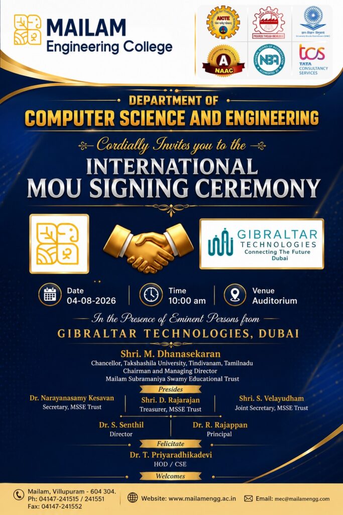 Invitation for the International MoU Signing Ceremony between the CSE Department, Mailam Engineering College and Gibraltar Technologies, Dubai, 4 Aug 2026
